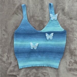 Blue Gradient Knit Tank Top with Butterfly Accents